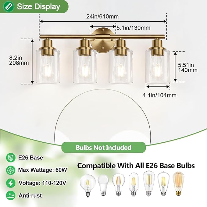 4-Light Bathroom Light Fixtures, Brushed Brass Modern Vanity Lights
