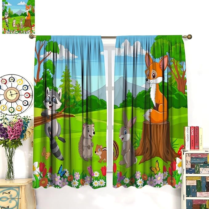 Safari Animal Curtains for Kids Cartoon Woodland Wildlife Jungle Animals Window Treatments for Boys Girls Bedroom Cute Fox Forest Nursery Children Drapes for Living Room W42xL63(Decor)