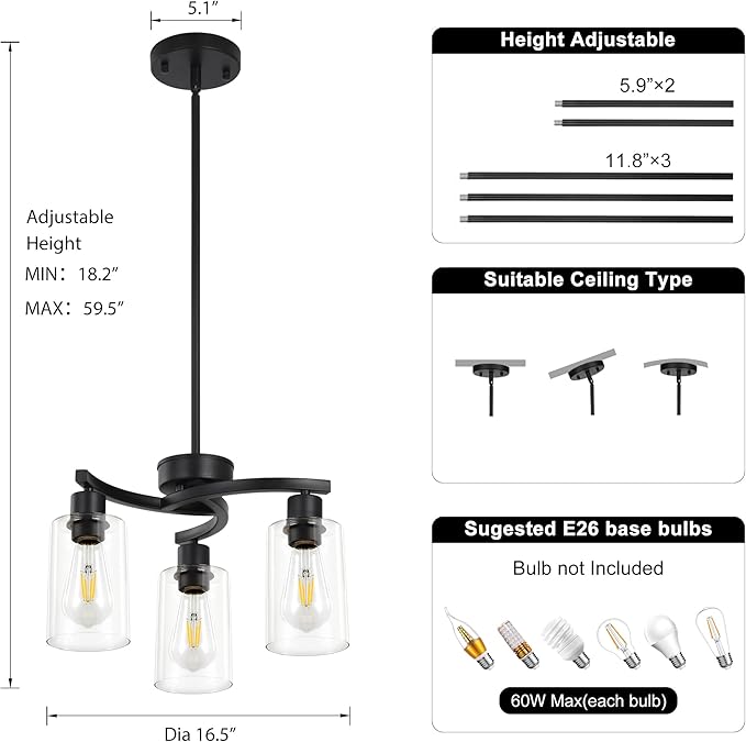 3 Light Modern Dining Chandeliers Over Table，Black Light Fixture