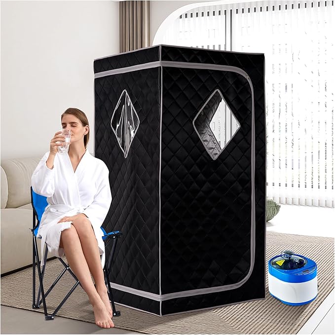 ZONEMEL Full Size Portable Steam Sauna, Personal Home Spa, 1500 Watt 4 Liter Steamer with Remote Control, Timer, Foldable Chair (L 33.8" x W 33.8" x H 65.7", Black)
