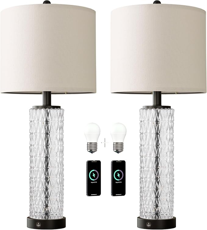 Oneach 27.75” Table Lamps Set of 2, USB A+C, Glass Lamps