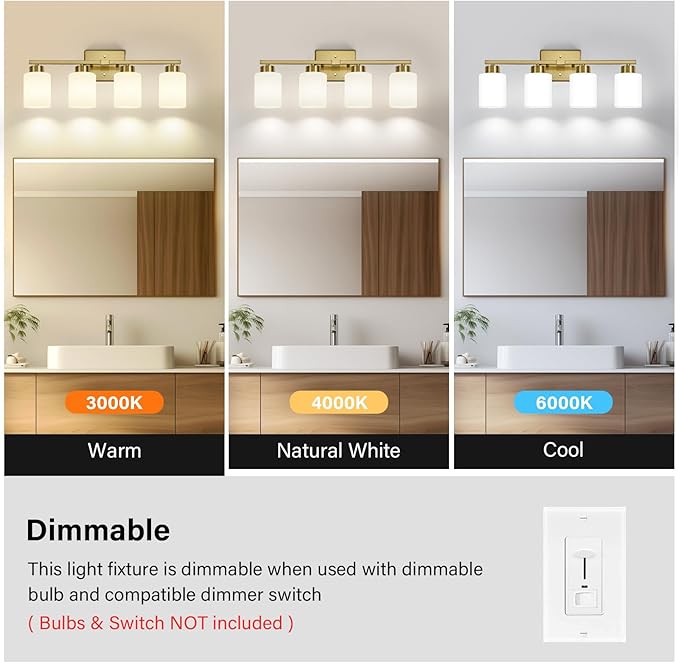 Brushed Gold Bathroom Light Fixtures, 4-Light Modern Vanity Light Over Mirror