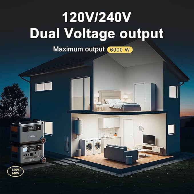 OSCAL PowerMax 6000 Solar Generator with 2x400W Solar Panel, 120V/240V Split Phase Voltage 6000W AC Outlets (7200W Peak), 2200W AC Charging/2400W PV Charging for Home, Emergency, Bank Battery Backup