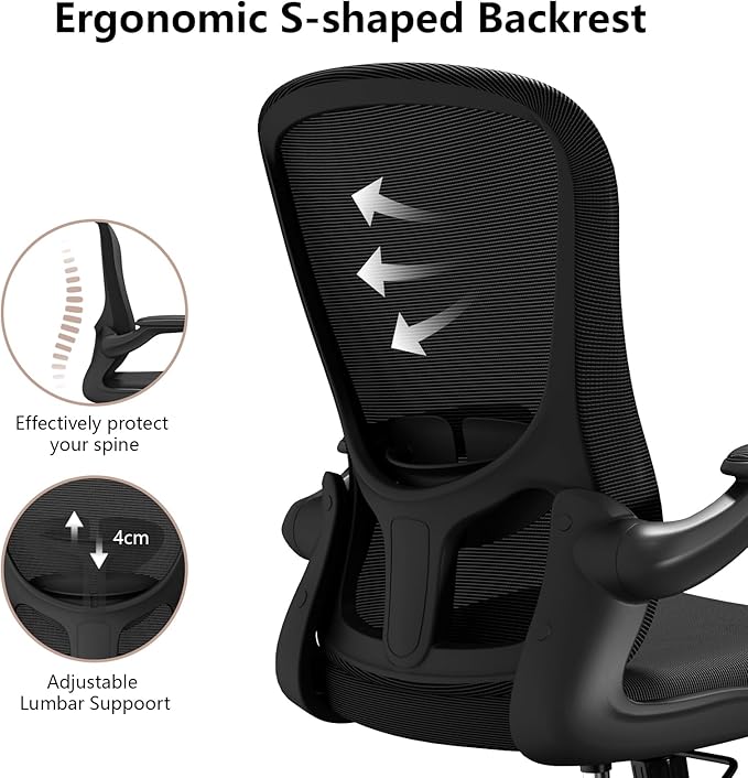 Ergonomic Office Chair, Comfort Swivel Home Office Task Chair, Breathable Mesh Desk Chair, Lumbar Support Computer Chair with Flip-up Arms and Adjustable Height
