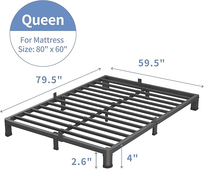 4 Inch Queen Bed Frame, 3500Lbs Heavy Duty Metal Platform with Round Corner Legs Mattress Slide Stopper, Steel Slat Support No Box Spring Needed, Noise Free, Non-Slip, Easy Assembly
