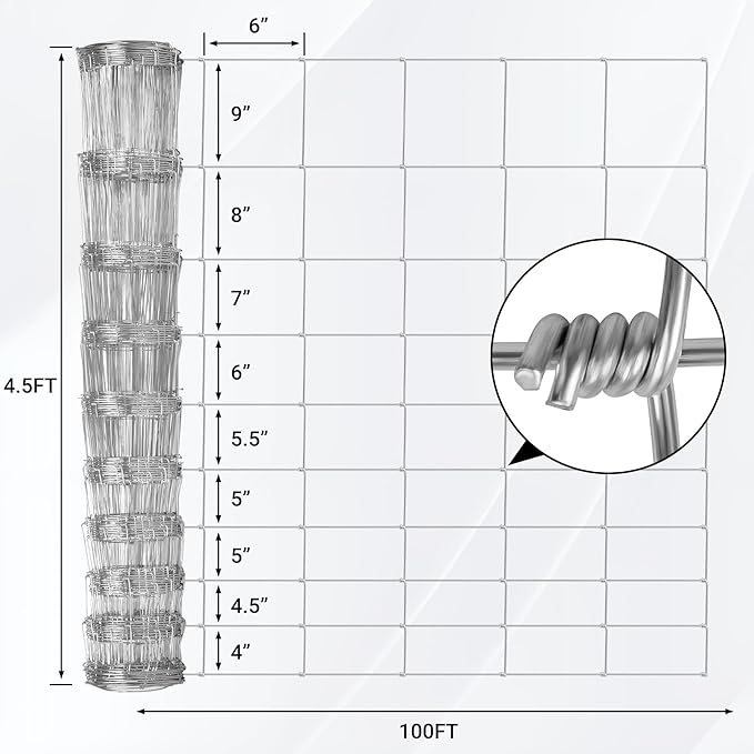 Farm Fence 4.5FT x 100FT, Galvanized Cattle Fence, Heavy Zinc Coating Wire Fencing, 14GA Livestock Fence, Goat Fence, Hog Wire Fencing Perfect for Pest Control, Livestock & Animals Protection