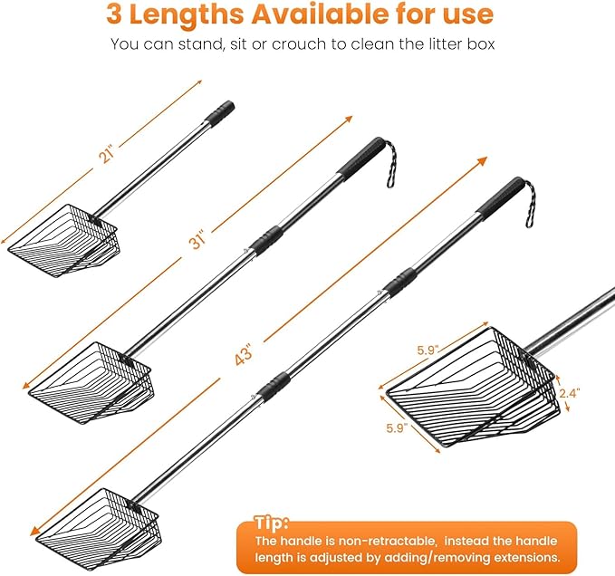 Metal Cat Litter Scoop with Holder, 43" Extendable Long Handle Cat Scooper for Litter Box, Solid & Durable, Deep Shovel for Fast Sifting, Large Pet Pooper Scooper for Kitty/Outside Dog Poop