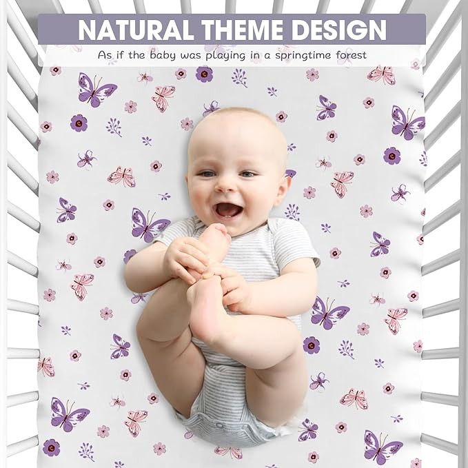 Bimocosy Crib Sheets for Girls, Fitted Crib Sheet 4 Pack for Standard Crib and Toddler Mattresses, Super Soft Breathable Microfiber Baby Sheet 28x52x8in, Butterfly/Floral/Pink/Purple