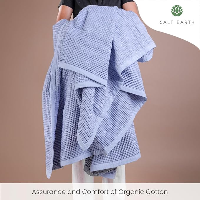 Salt Earth GOTS Certified 100% Organic Cotton Throw Blanket, 90" X 90" Waffle Blankets & Throws for Bed, Throw Blanket for Couch, Modern and Cozy Blanket, All Season, Comfy Soft Blanket(Powder Blue)