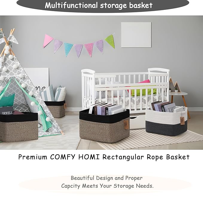 COMFY-HOMI 3PACK Cotton Rope Square Basket with Handles for Shelves|Dog Toy Bin and Storage|Baby Gift|Shoe Organizer|New 13.5" x 11" x 9.5" for Living Room (Black/Jute)