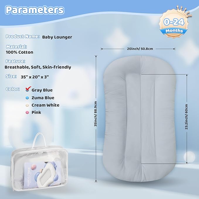Baby Lounger - Baby Lounger for Newborn, 0-24 Months, Infant Lounger for Home and Travel, Soft Cotton, Baby Nest Lounger, Newborn Babies Essentials Gifts, GrayishBlue(Lounger Cover Included)