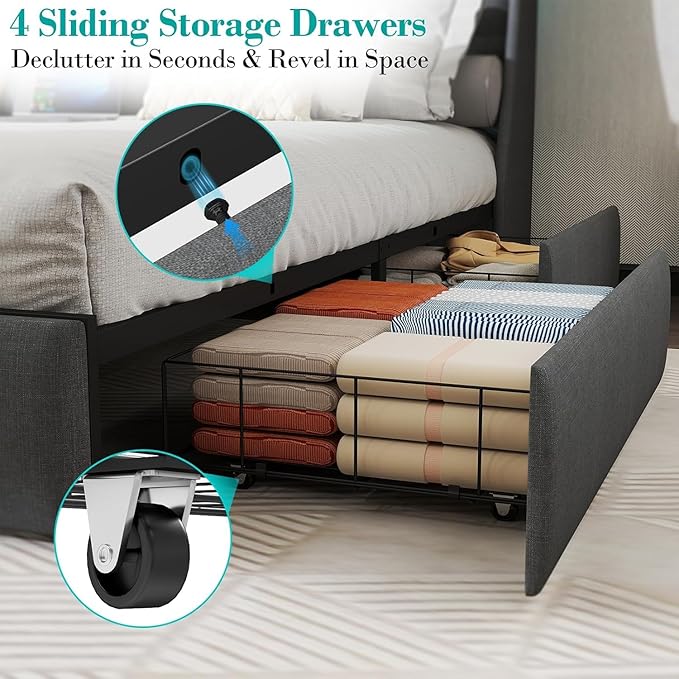 Queen Bed Frame with 4 Storage Drawers, Upholstered Headboard, LED Lights