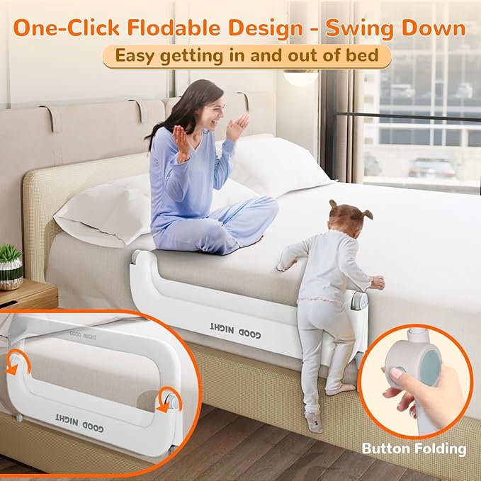 Bed Guard Rail for Toddlers - 47" Adjustable Heights & Folding up Portable Bed Railing for Baby - Toddler Bed Rails Guard for Crib, Twin, Bunk,Full Size, Queen & King Bed (White)