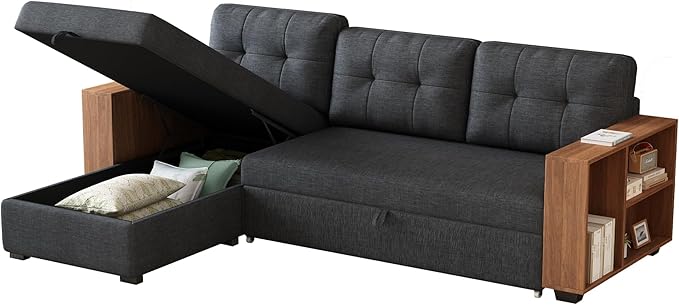 Ball & Cast 84" Sectional Sleeper Sofa with Storage Chaise,L Shaped Pull Out Couch Bed with Wooden Armrests and 3 Removable Back Cushion for Living Room,Apartment,Office,Dark Grey