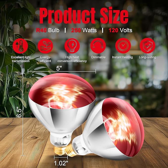250W R40 Red Heat Lamp Bulbs (4-Pack), Infrared Heat Bulbs, Infrared Therapy Bulbs for Bathroom, Sauna, Pets & Chickens, 2,000 Hour Rated, E26 Base