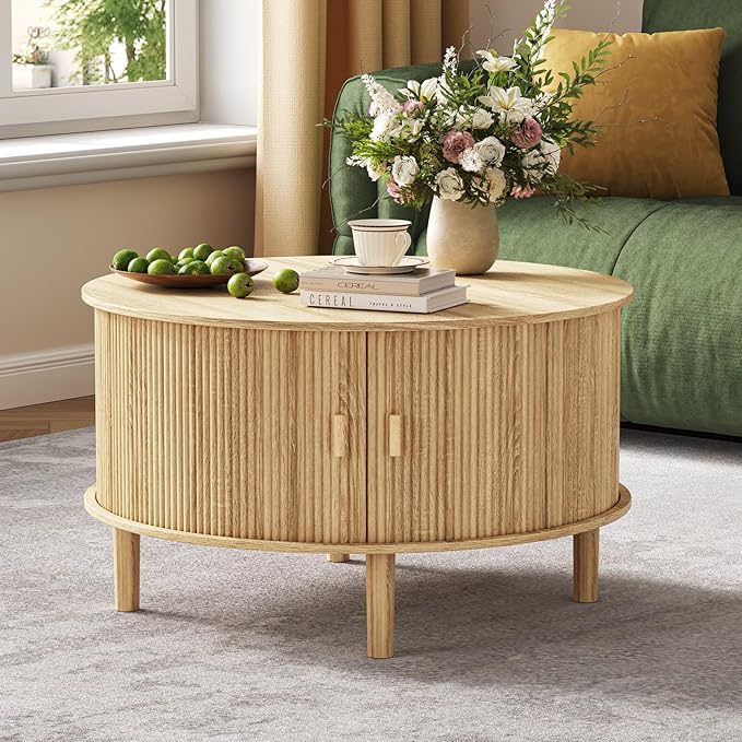 Coffee Table and TV Stand Set of 2, Round Center Table with Storage,Fluted Coffee Table with 360° Sliding Doors, 86.6" Entertainment Center for Bedroom, Living Room,Natural