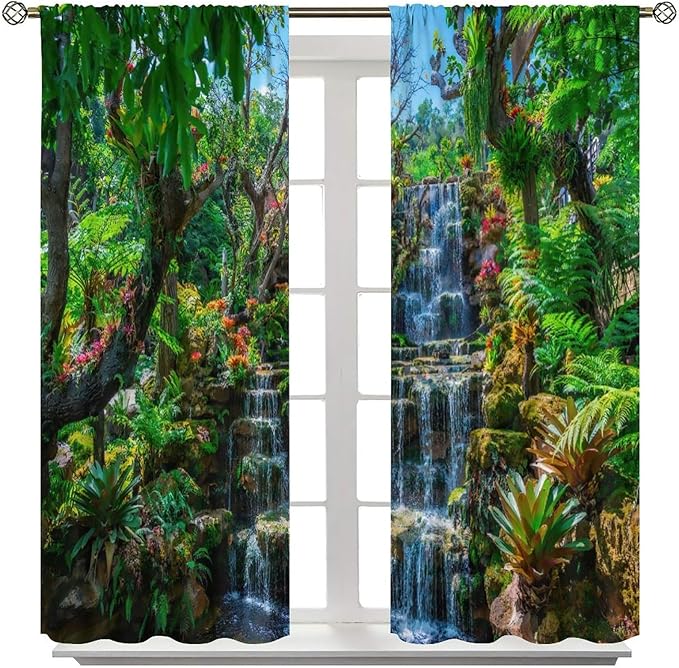Waterfall Blackout Window Curtains, Spring Forest Nature Landscape Theme Pattern Print Window Drapes, for Living Room Bedroom 52x84in 2 Panels