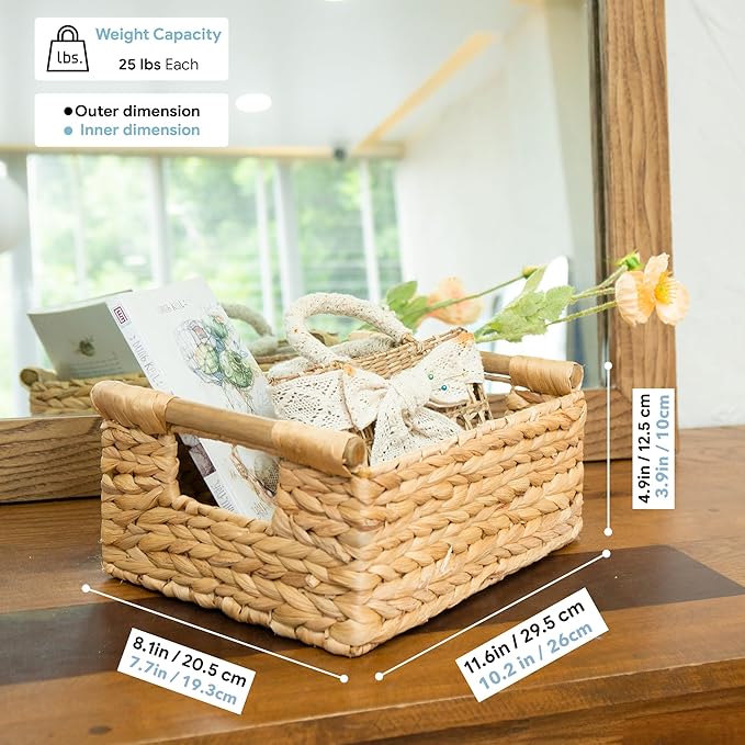 VATIMA Hyacinth Small Wicker Basket 11.6x8.1x4.9" - Bathroom Organizer, Wooden Handle, Decorative Storage