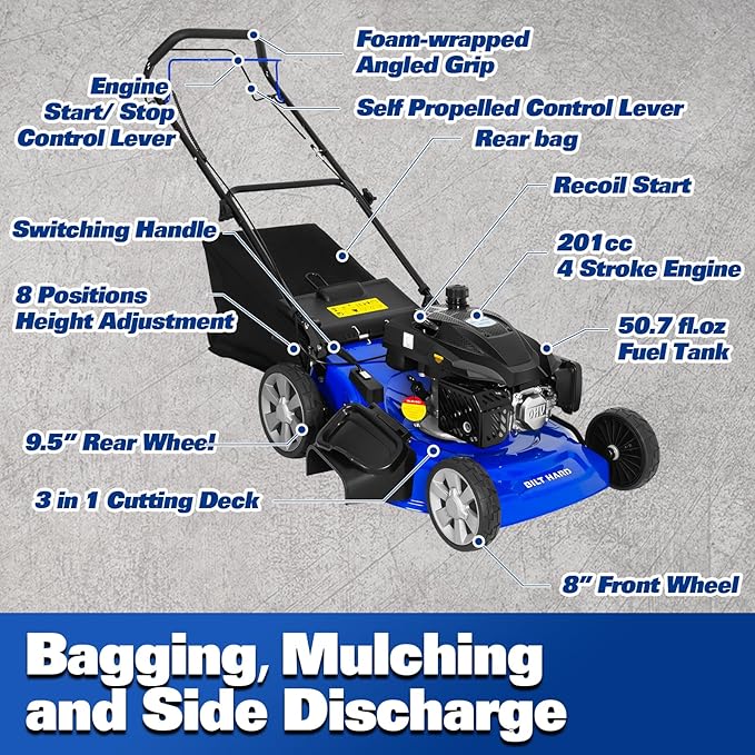 BILT HARD 21 Inch Self Propelled Gas Lawn Mower, 201cc 4-Cycle OHV Engine, 3-in-1 Functions (Bagging, Mulching and Side Discharge) with 8-Positions Adjustable Cutting Height, Easy Start