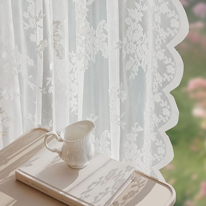 Anmao Vintage Lace Curtains 72 Inches Long 2 Panels, Romantic Elegant Light Filtering Semi Sheer Floral Thick Lacy Curtain Drapes for Living Room and Bedroom, Each Panel 55W x 72L, White Rose