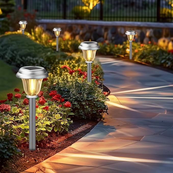 DERAYSION Solar Lights Outdoor Waterproof, Brushed Stainless Steel Glass Solar