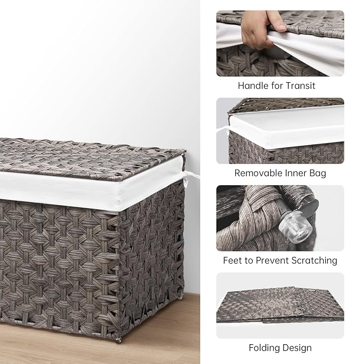Wicker Storage Basket with Lid, 42.3 Gallon (160L) Large Blanket Basket with Lid, Woven Storage Bin with Handles, Removable Liner, Metal Frame, Foldable, for Bedroom, Laundry Room, Grey