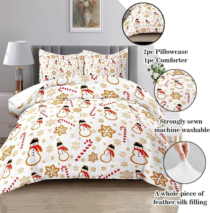 Raphus cucullatus Christmas Bedding Queen,Snowman Christmas Comforter Set,Holiday Bedding Winter Quilt,Snowflake Navidad Comforter Set Queen,Cute Candy Cane Quilt