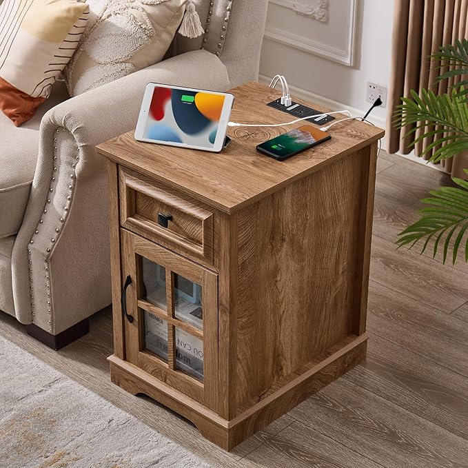 Farmhouse XXL End Table with Charging Station, Side Table with USB Ports and Outlets, Nightstand with Drawer and Glass Door Storage, Log Color Bedside Tables for Living Room, Bedroom, Office