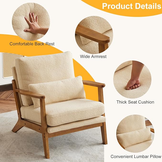 Karl home Accent Chair Wide Armrest Mid-Century Lounge Chair Teddy Fleece Armchair with Lumbar Pillow & Solid Wood Frame for Living Room, Bedroom, Balcony, Khaki