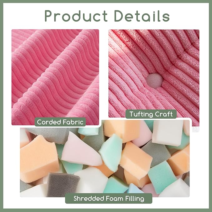 HIGOGOGO Square Stuffed Pouf Ottoman, Corduroy Poufs with Foam Chunk Filling, Furry and Fluffy Pouf Foot Stool Storage Ottoman, 25.6 X 25.6 Floor Poufs Foot Rest for Living Room, Pink