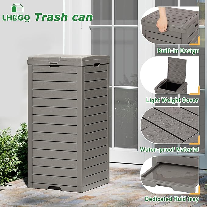 Outdoor Trash Can, 31 Gallon Garbage Can with Tiered Lid and Drip Tray, Waterproof Resin Patio Waste Bin for Garden, Backyard, Deck