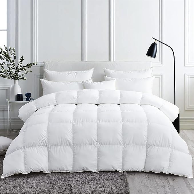 Luxurious White Solid Medium Weight, Palatial King Size Goose Feathers Down Comforter for All-Season Weather, 120 X 98 inches, Premium Baffle Box, 100% Egyptian Cotton Cover, 85 oz. Fill Weight