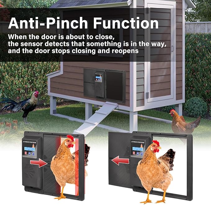 Automatic Chicken Coop Door with Timer Programmable,DoublePower Supply(USB Charging/Battery Holder) Chicken Coop Door with LCD Display Anti-Pinch Protection Weatherproof for Poultry,Black