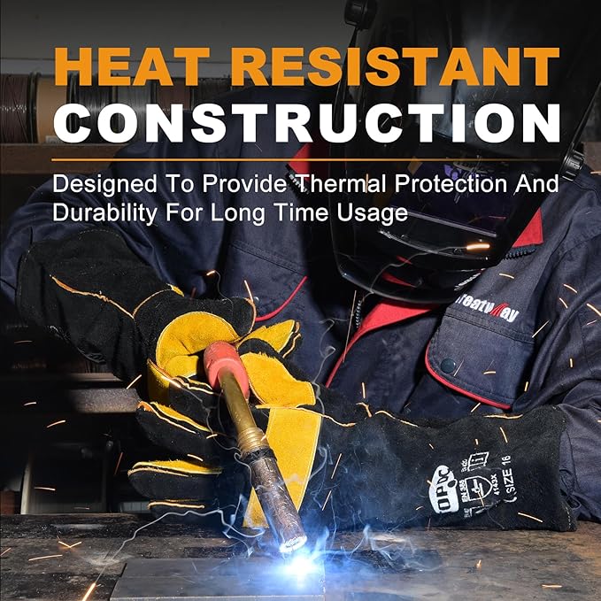 TOPDC Welding Gloves 16 Inches 932℉ Fire/Heat Resistant Leather Welding Gloves For Mig, Tig, Stick, Forge, BBQ, Grill, Fireplace, Wood Stove, Furnace, Oven, Animal Handling for Safe, Loving Pet Care