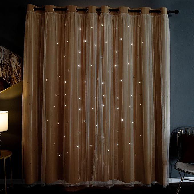 Kinryb Kids Blackout Curtains for Bedroom/Living Room/Classroom, Sheer Overlay Extra Long 2 Panel Set, Double Layer Curtains with Star Cutout for Kids Room(W 52 x L 108 Inches,Yellow 2 Pcs)