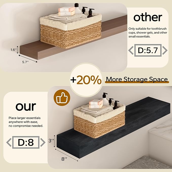 Floating Shelves 3 inch Thick for Wall Set of 2,Solid Pine Wood Wall Mount Shelf for Kitchen Living Room Bedroom Bathroom,8" D x 60" L x 3" H-Black
