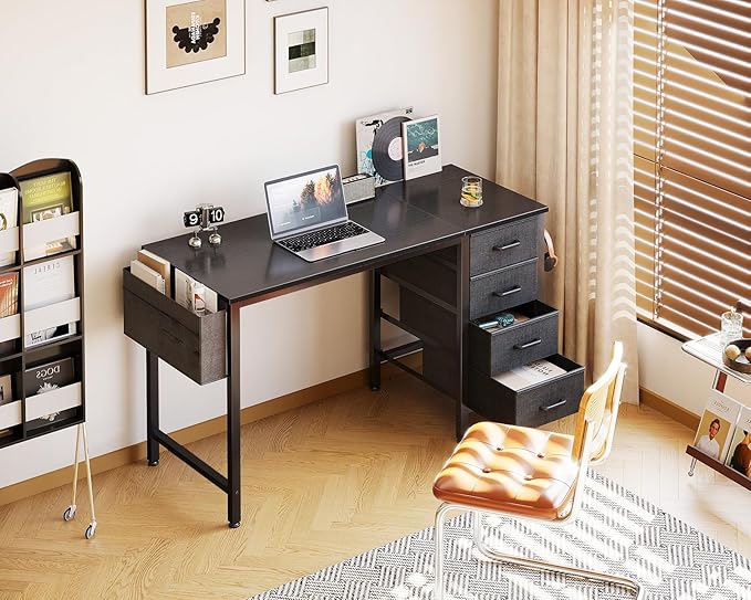 Casaottima 40-Inch Small Computer Desk with 4 Fabric Drawers — Home Office Desks with Storage, Writing Desk with Side Hook and Cloth Bag, Modern Study/Work Table for Bedroom and Small Space, Black