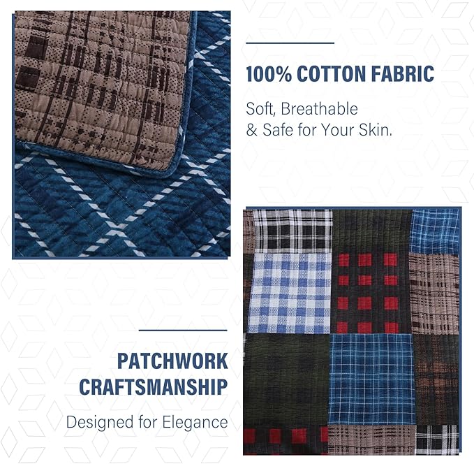 NEWLAKE Quilt Set King Size, Cotton Patchwork Blue Black Checkered Patterns Quilt Sets, Reversible Bedspread Lightweight and Breathable for All Seasons, Soft Quilted Bedspread with 2 Pillow Shams