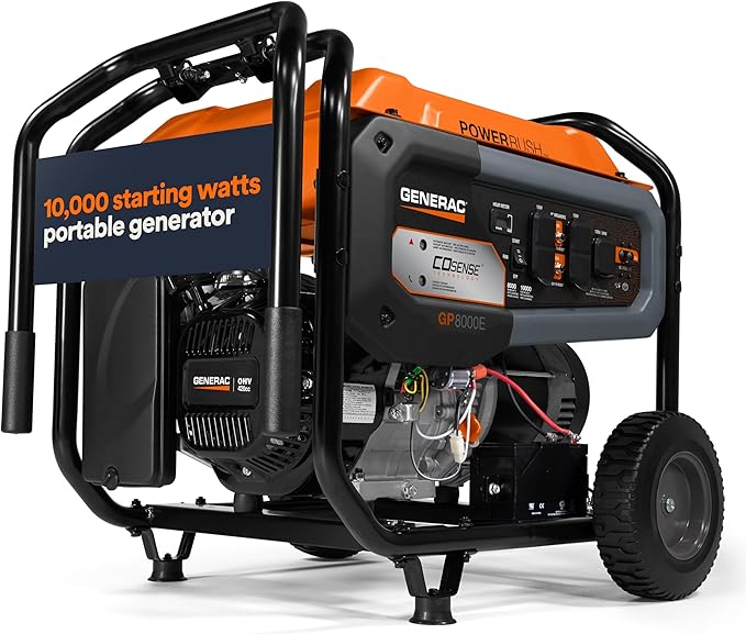 Generac 10,000 Starting Watt Portable Gas Generator - Electric Start - Home Backup or RV Ready - Heavy Duty Frame - Quiet, Long Runtime, Emergency Power - 49-State Compliant