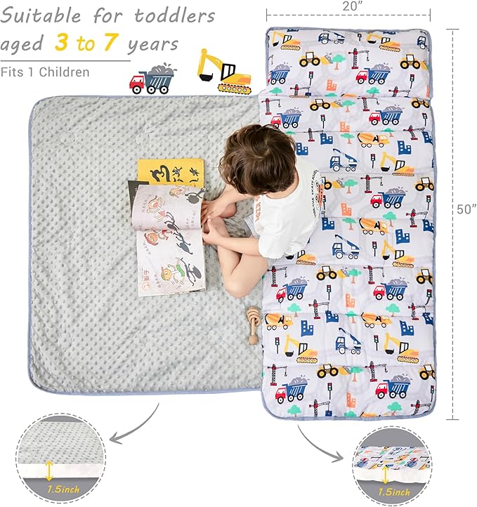 Toddler Nap Mat with Pillow and Blanket, Extra Large Rolled Napping Mats,Slumber Bags for Boys Girls,Kids Sleeping Bag for Daycare, Preschool Travel Camping