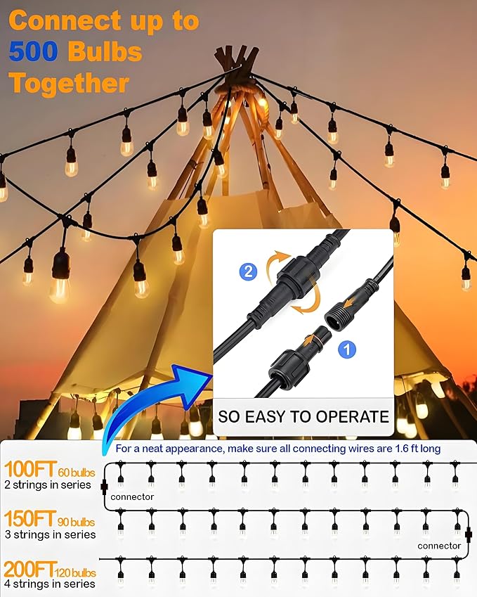 50FT Outdoor String Lights Waterproof