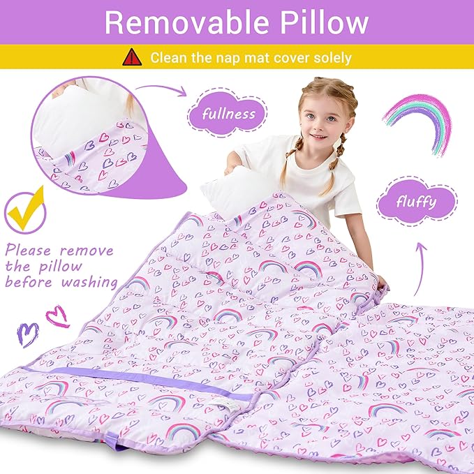 Toddler Nap Mat with Pillow and Blanket, Extra Large Rolled Napping Mats,Slumber Bags for Boys Girls,Kids Sleeping Bag for Daycare, Preschool Travel Camping