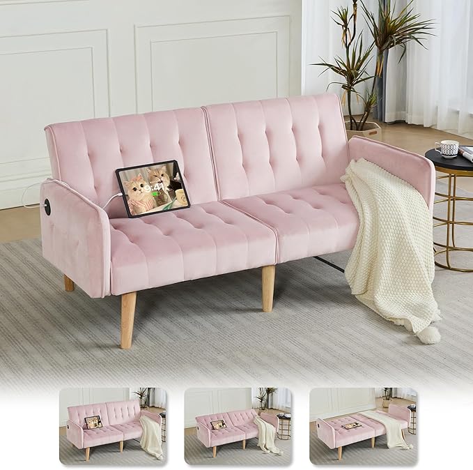 TYBOATLE 65" W Velvet Modern Convertible Folding Futon Couch Sofa Bed w/ 2 USB Charging Ports and arms, Loveseat for Compact Living Space, Dorm, Game Studio, Bonus Room, Apartment, Bedroom (Pink)