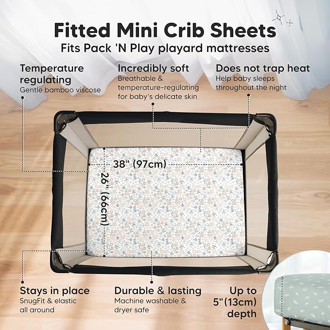 Pack and Play Sheets Fitted - 2-Pack Mini Crib Sheets for Pack N Play Mattress 38x26, Soft & Cozy, Neutral Toddler Playard Bedding, Snug Fitted Mini Baby Crib Mattress Cover Boy, Girl (Prairie)