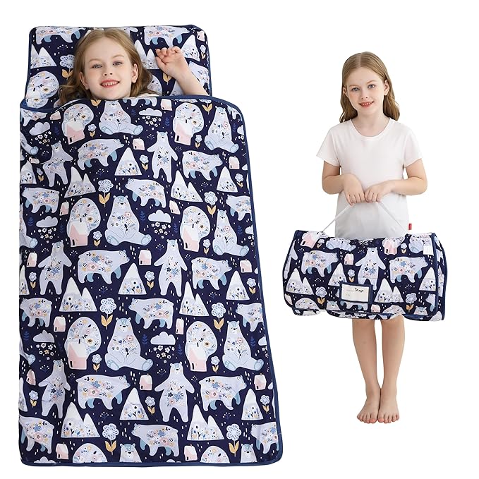 Viviland Toddler Kid Nap Mat for Preschool, Girls Deep Blue Bear Slumber Bag, Daycare Sleeping Bag with Pillow and Blanket, Kindergarten Sleep Mat