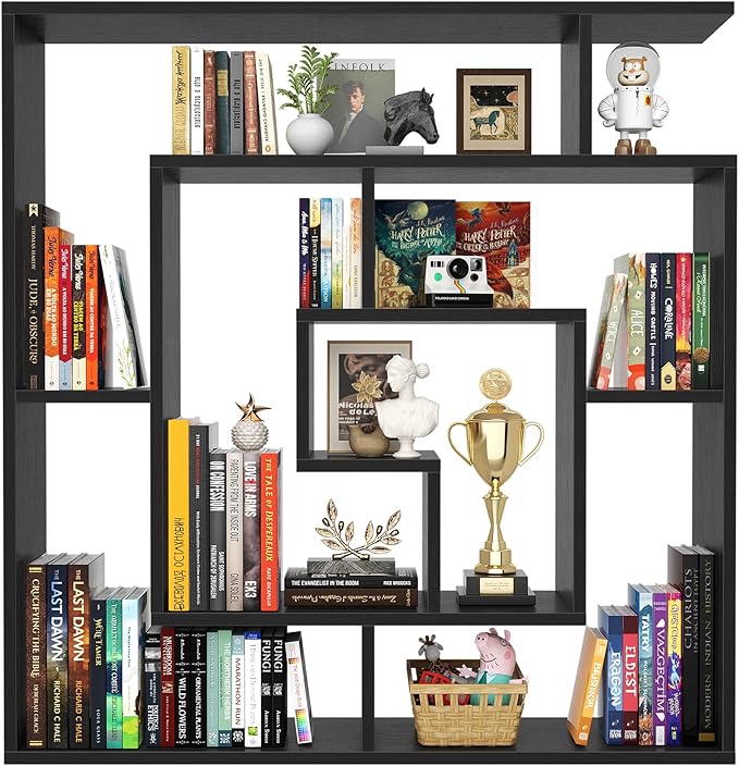 Armocity 5 Tier Display Book Shelf Wall Mounted Bookshelf Freestanding Geometric Bookcase Floating Book Shelves for Wall Bedroom Living Room Home Office, 45.5"(W) * 47"(H), Black
