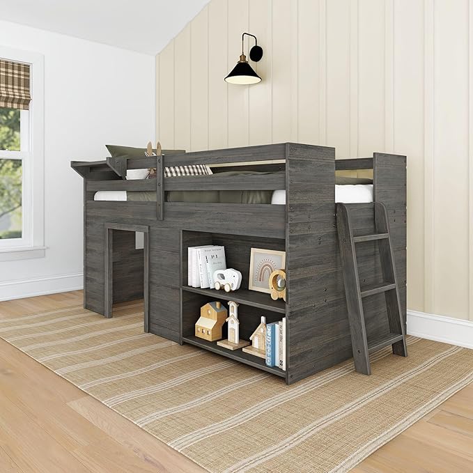 Max & Lily Modern Farmhouse Twin Low Loft Bed with Bookcase - Solid Wood, 15” Guardrails, 400-lb Capacity, Low-VOC Finish, Driftwood
