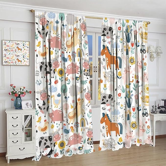Farm Animal Curtains for Kids, Cartoon Cute Wild Animal Window Treatments Woodland Farmhouse Cow Horse Pig Window Drapes for Girls Boys Nursery Toddler Bedroom 55x63in