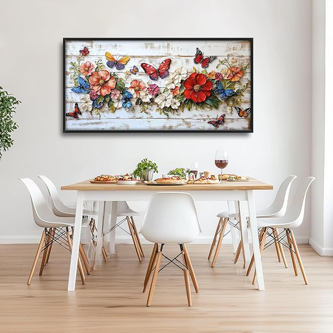 Olivine Flower Large Wall Art, Butterfly Pictures Wall Decor, Boho Painting, Rustic Wood Grain Canvas Prints, Framed Artwork for Dining Room Living Room Bedroom Bathroom Office Home Decor 60"x30"