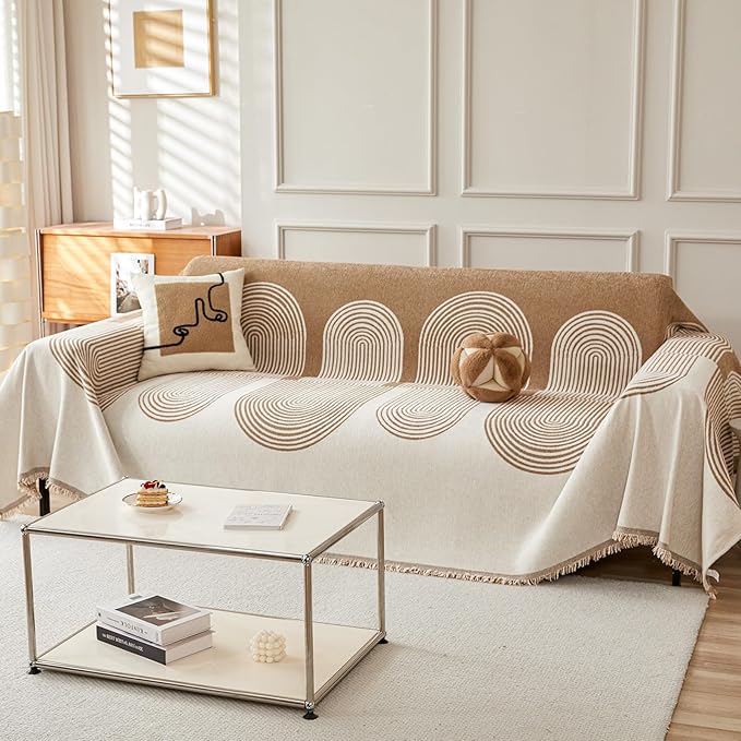 STACYPIK Modern Beige Geometric Couch Cover for Dog Boho Reversible Sofa Covers for 3 Cushion Couch Washable Furniture Protector Chenille Sofa Slipcover Loveseat Cover Multi-Use Throw Blanket-71X150IN